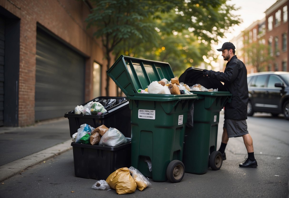 A food handler throws garbage into an outdoor dumpster in a designated waste area