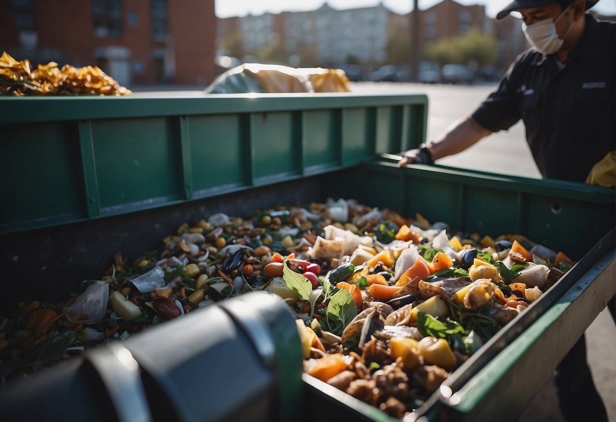 A food handler throws garbage into an outdoor dumpster for pest control