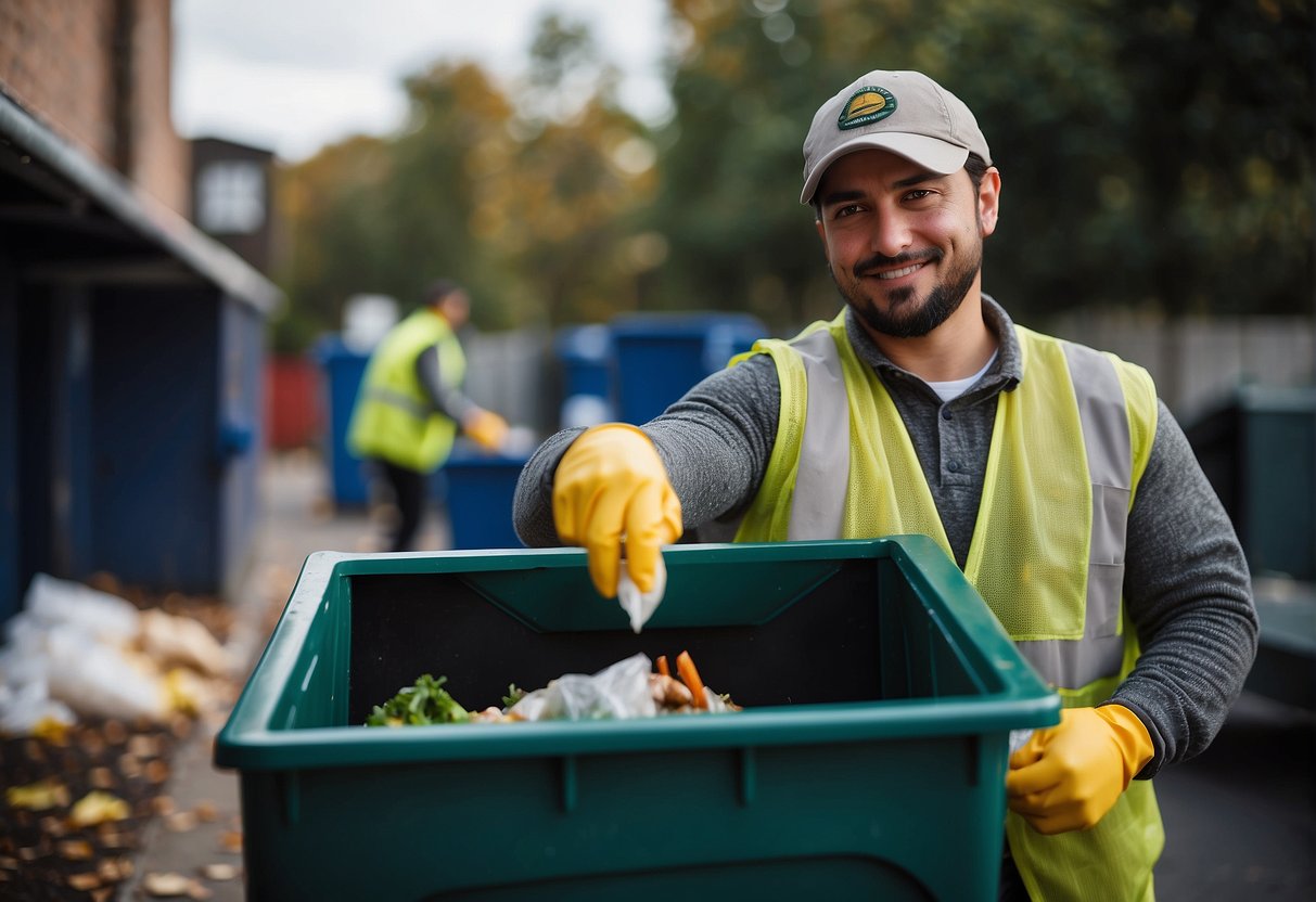 A food handler throws garbage into an outdoor dumpster, complying with local regulations