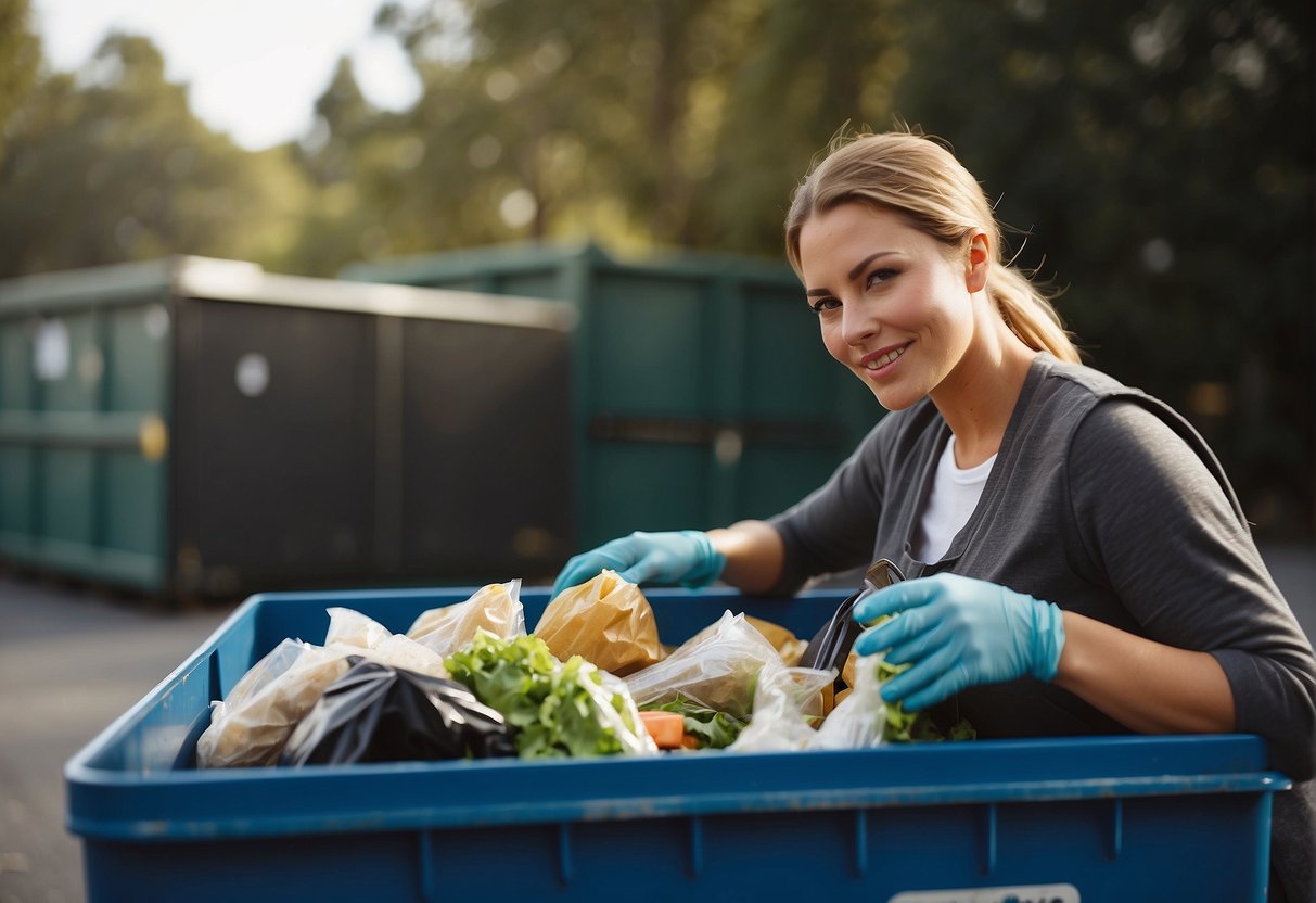 A food handler tosses garbage into an outdoor dumpster