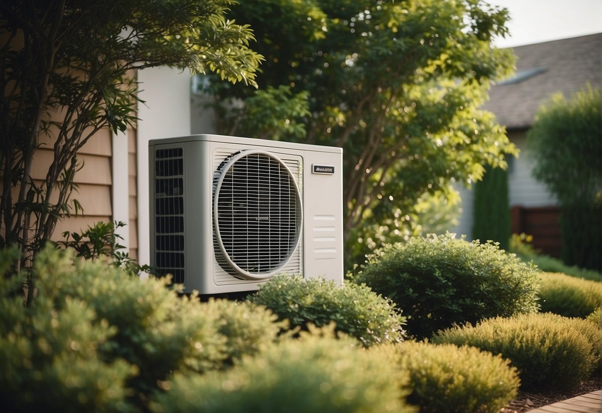 An outdoor AC unit stands next to a house, with a fan and vents on the top, surrounded by bushes and trees