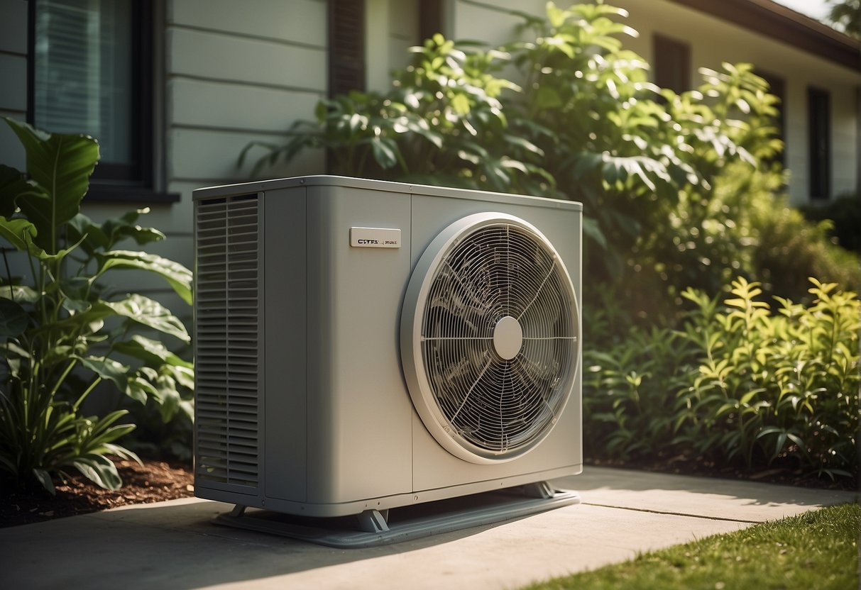 An outdoor AC unit stands next to a house, surrounded by greenery. It is sleek and modern, with a label indicating its energy efficiency