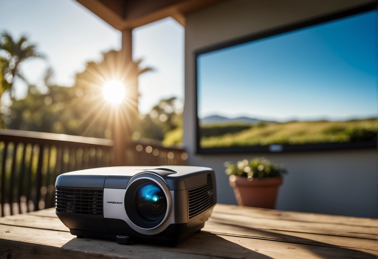 A bright outdoor setting with clear skies and natural light, showcasing the use of an outdoor projector with high ANSI lumens for optimal visibility