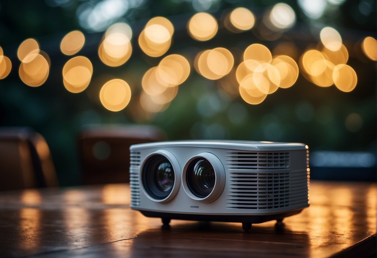 A bright outdoor scene with a projector casting a clear image, surrounded by ambient light