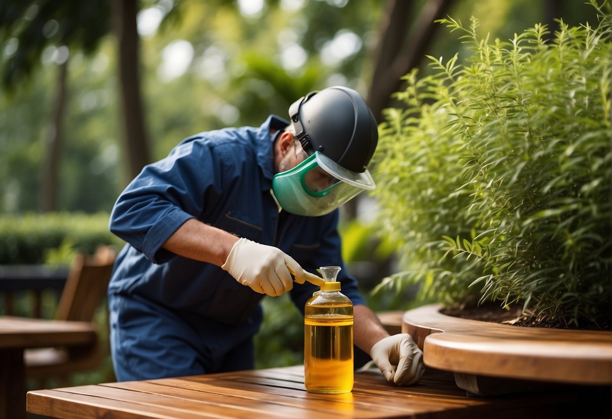 A person applying teak oil to outdoor furniture, with proper ventilation and protective gear, surrounded by trees and plants