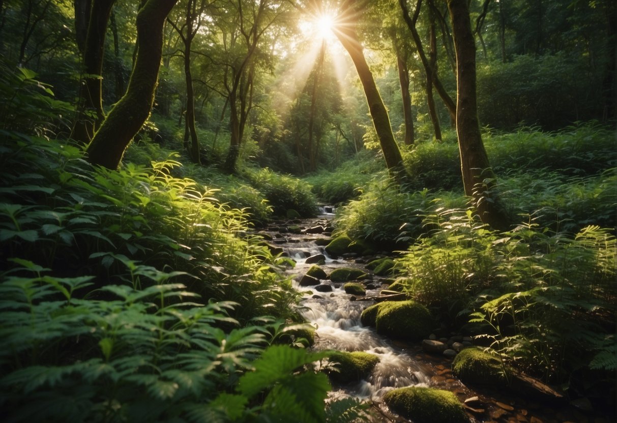 A lush green forest with sunlight filtering through the canopy, highlighting a variety of vibrant plants and flowers. A small stream winds through the scene, adding to the natural beauty