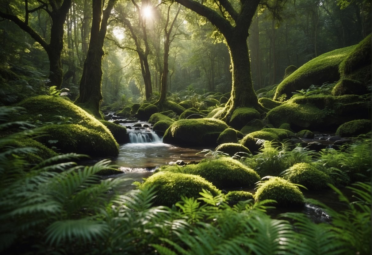 A lush green forest with a clear stream running through it, showcasing natural vegetation and wildlife, contrasted with a sterile laboratory setting with vials and equipment, representing synthetic glp-1 agonists