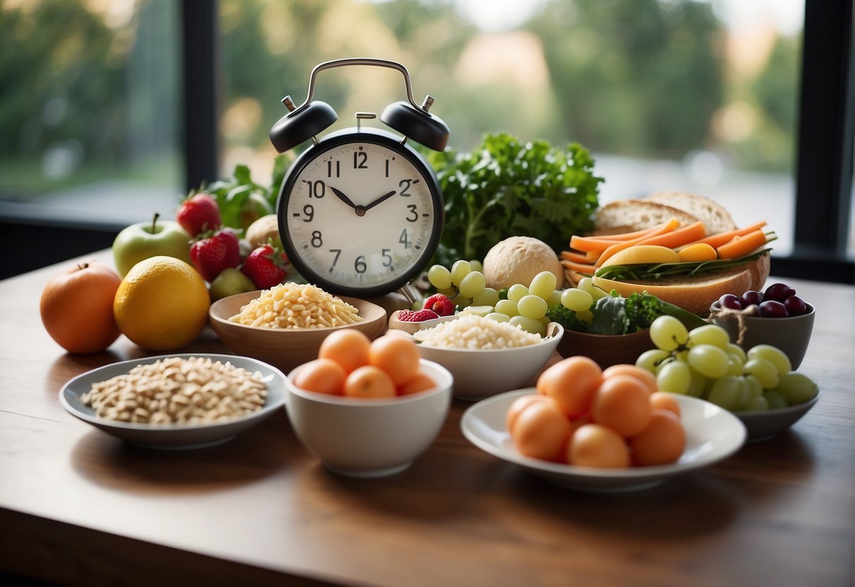 A table with healthy food, exercise equipment, and a clock showing regular meal times