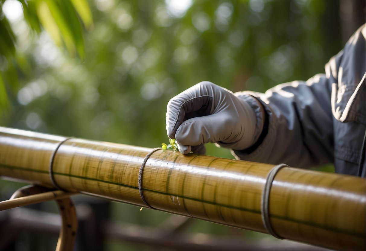 Bamboo being treated with weather-resistant sealant in an outdoor setting, with a focus on the application process and protective gear