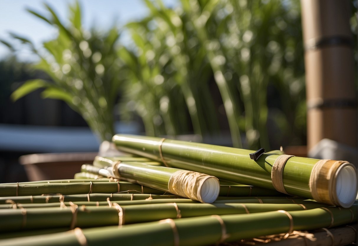 Bamboo being treated with outdoor sealant, placed in a sunny, well-ventilated area. Tools and protective gear nearby