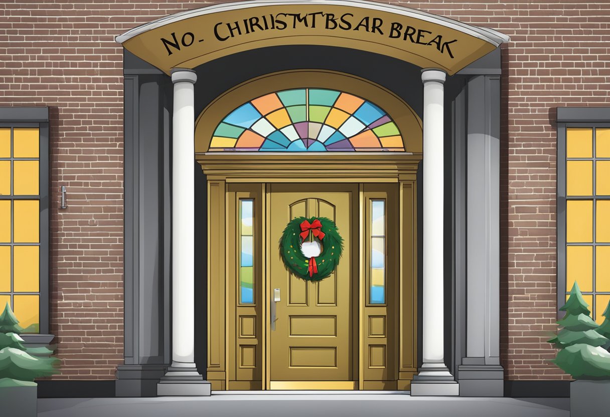 A school building with a "No Christmas Break for Teachers" sign on the door