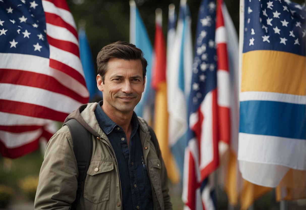 A person stands in front of a variety of outdoor flag materials, comparing their quality and durability. They hold up different samples, examining their texture and weight