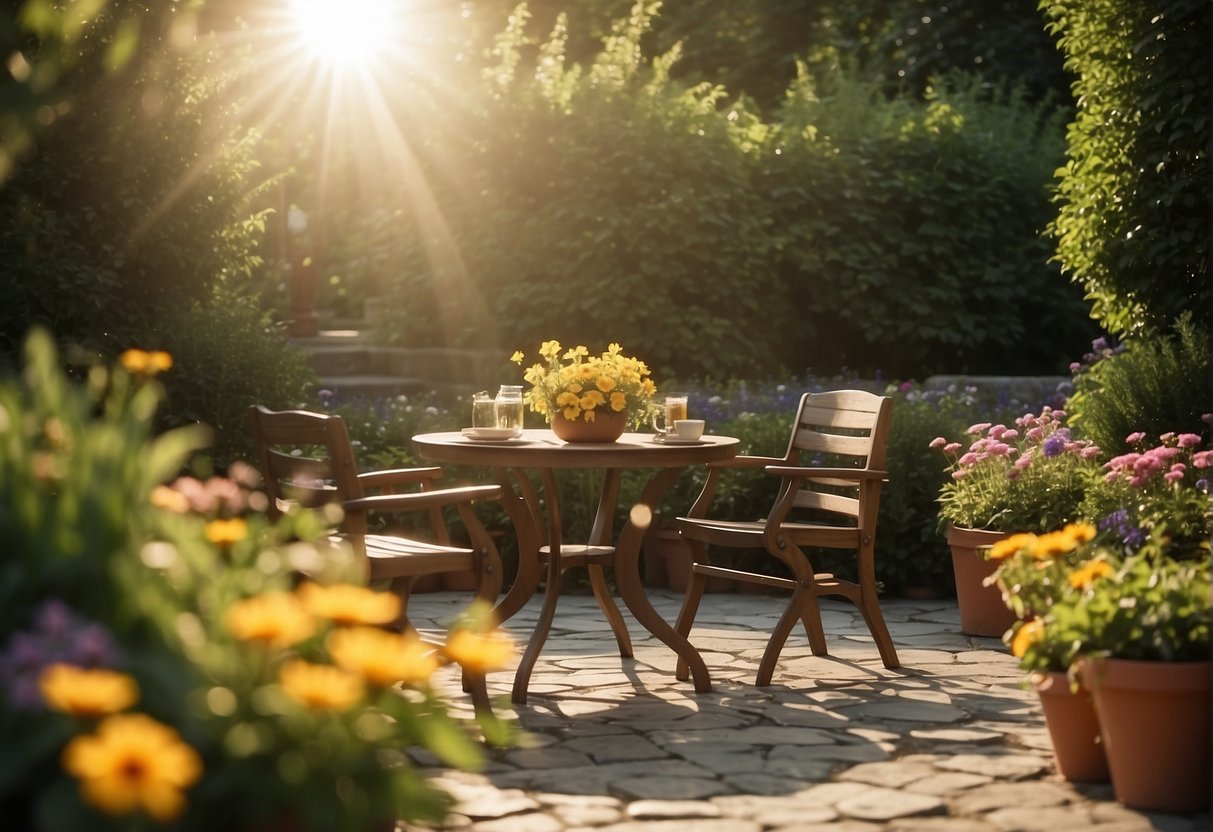 A wooden table and chairs sit on a stone patio, surrounded by lush greenery and colorful flowers. The sun is shining, casting a warm glow on the scene