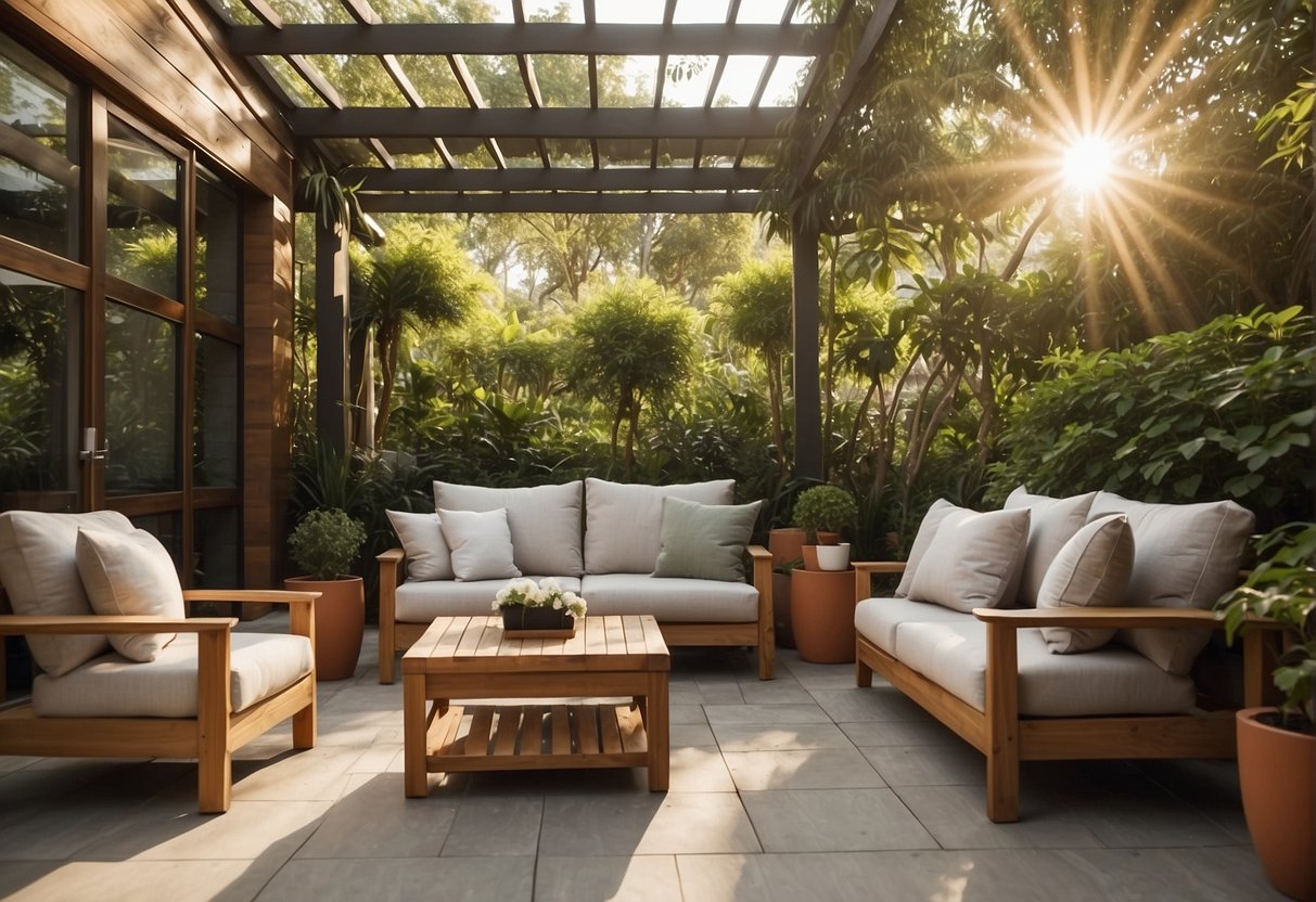 A cozy outdoor setting with durable, weather-resistant furniture made of teak or aluminum, surrounded by lush greenery and bathed in warm sunlight