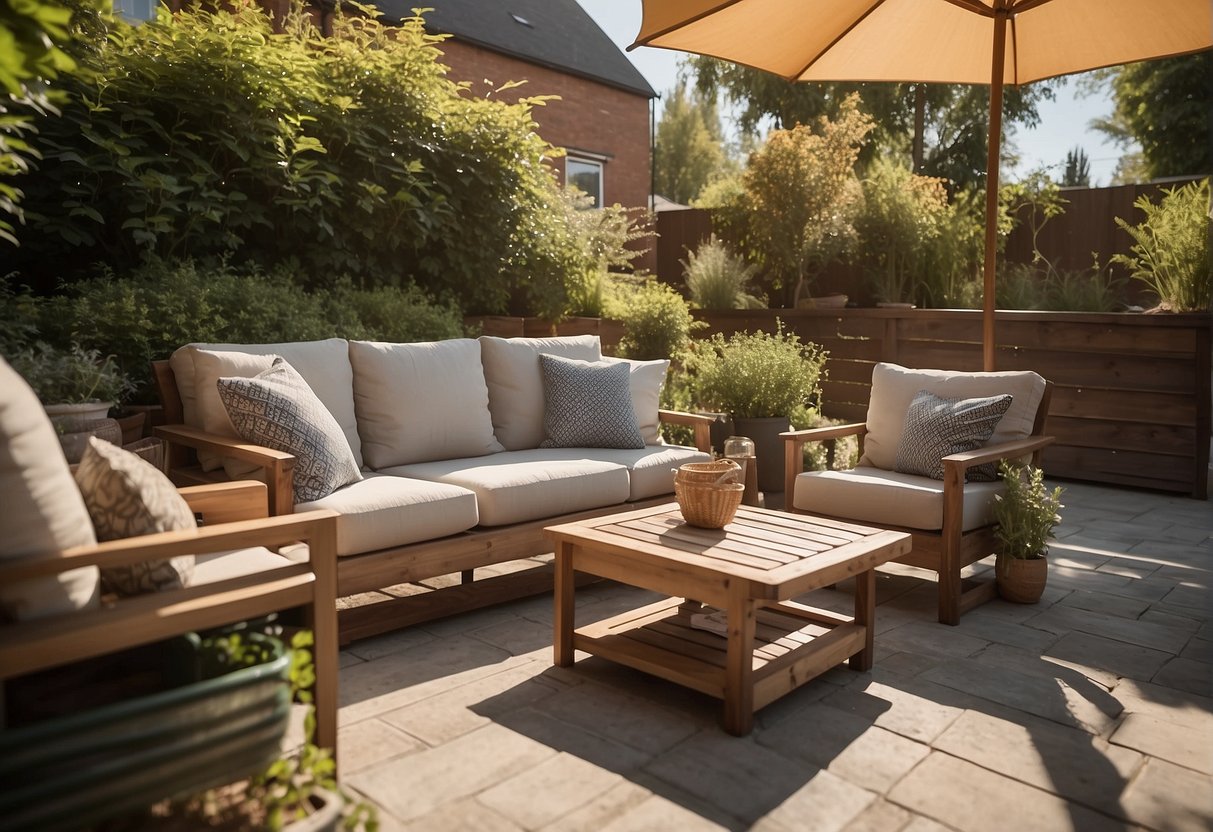 A patio with various outdoor furniture options, including wood, metal, and plastic, arranged in a sunny outdoor setting