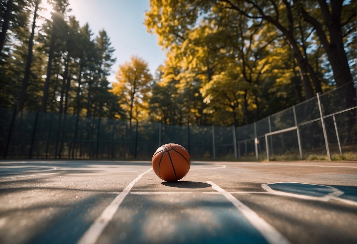 A basketball bouncing on a well-maintained outdoor court, surrounded by trees and a clear blue sky. A maintenance checklist and tools are displayed nearby