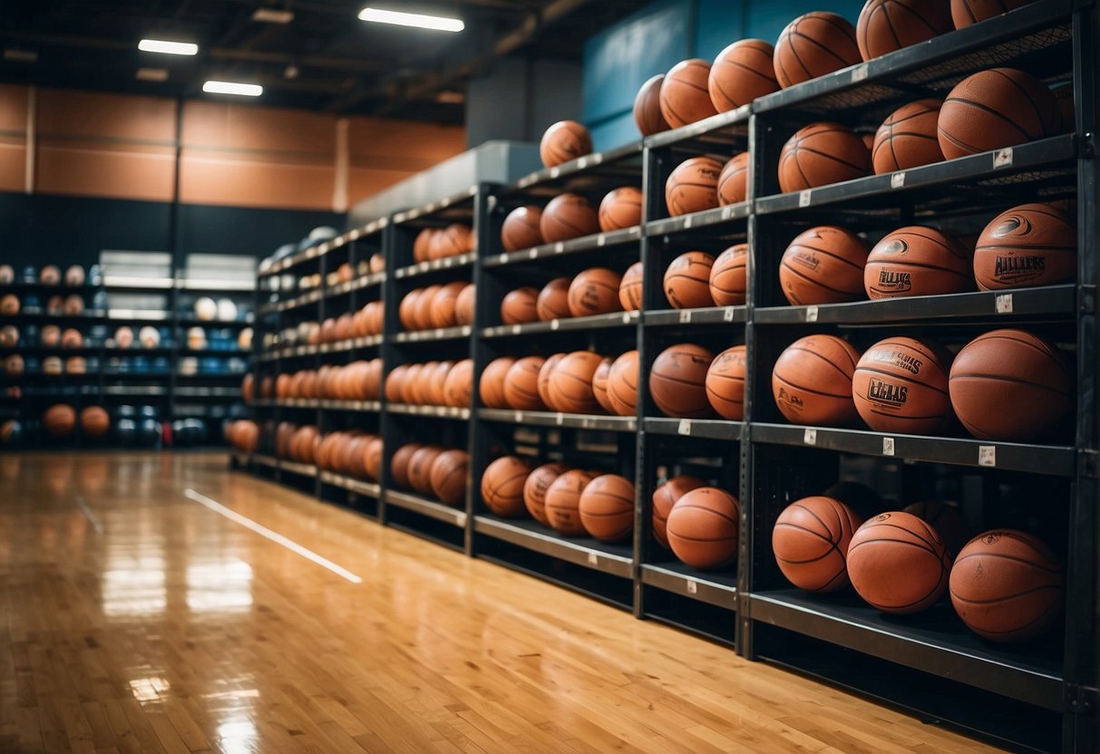 An outdoor basketball court with various brands and models of basketballs displayed on shelves or racks. Bright lighting and clear signage indicating the best outdoor basketball options