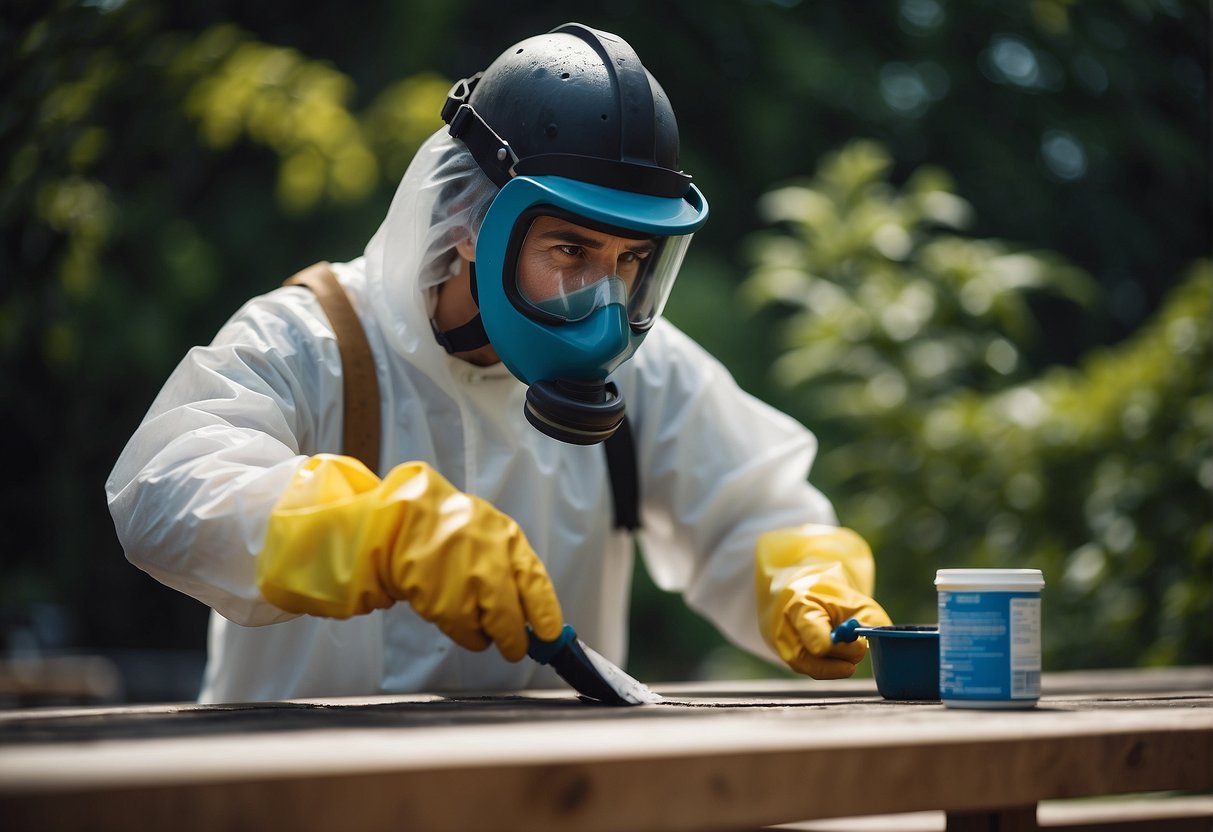 A person wearing protective gear paints outdoor furniture in a well-ventilated area, using environmentally friendly paint and proper disposal methods