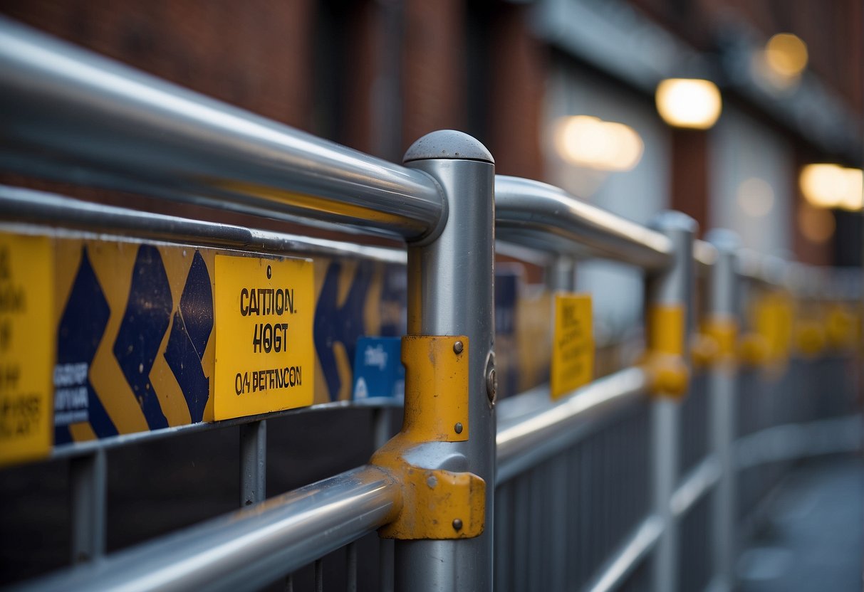 Metal railings being painted with a brush and protective gear, surrounded by caution signs and barriers