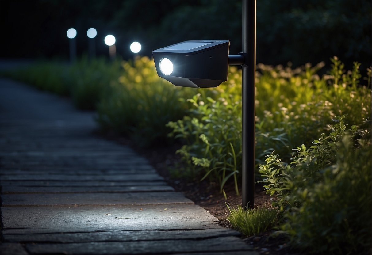 A bright outdoor solar motion sensor light illuminates a dark pathway, showcasing its cost-effectiveness and energy efficiency