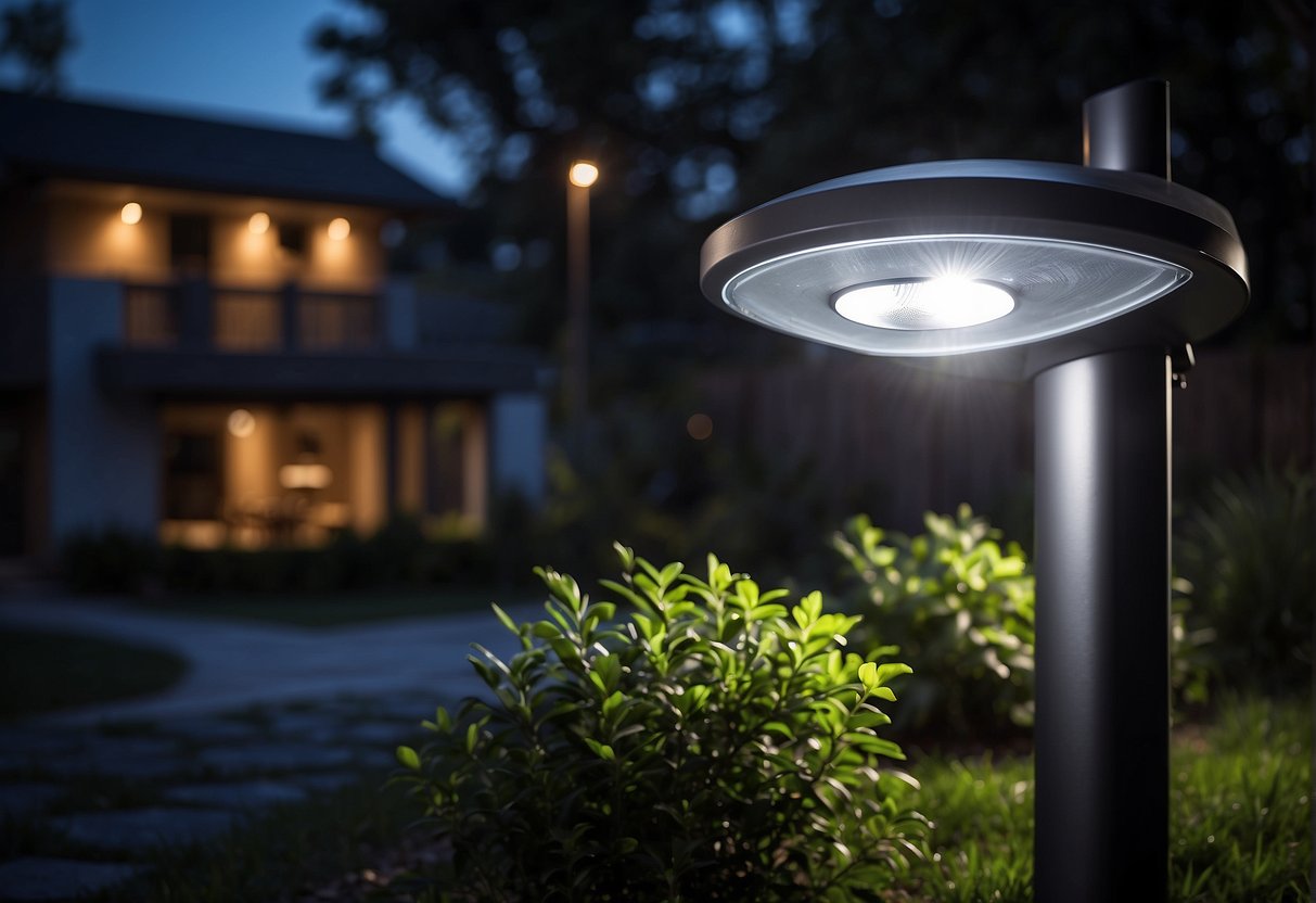 A solar motion sensor light illuminates a dark outdoor area, reducing energy consumption and providing security without the need for electrical wiring