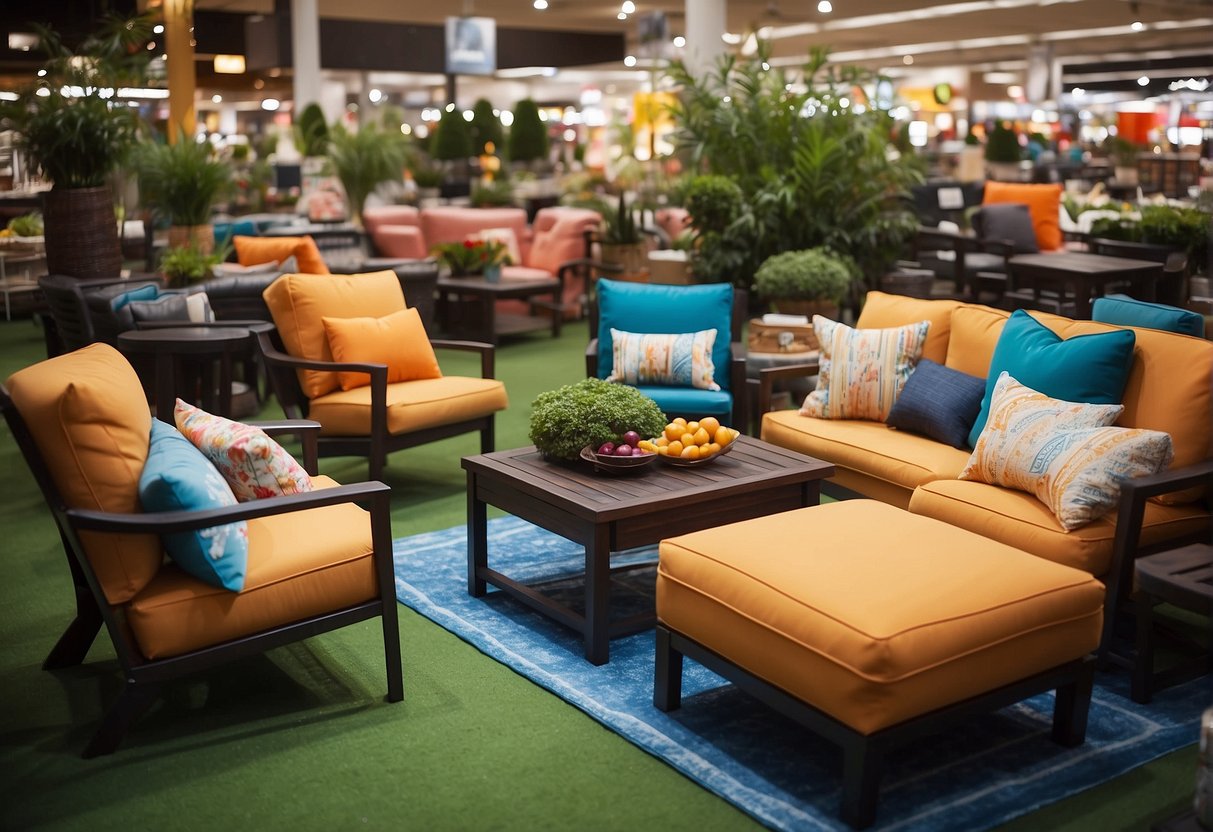 Outdoor furniture displayed in a colorful array at a bustling store, with "Holidays Sale" signs and shoppers browsing for deals