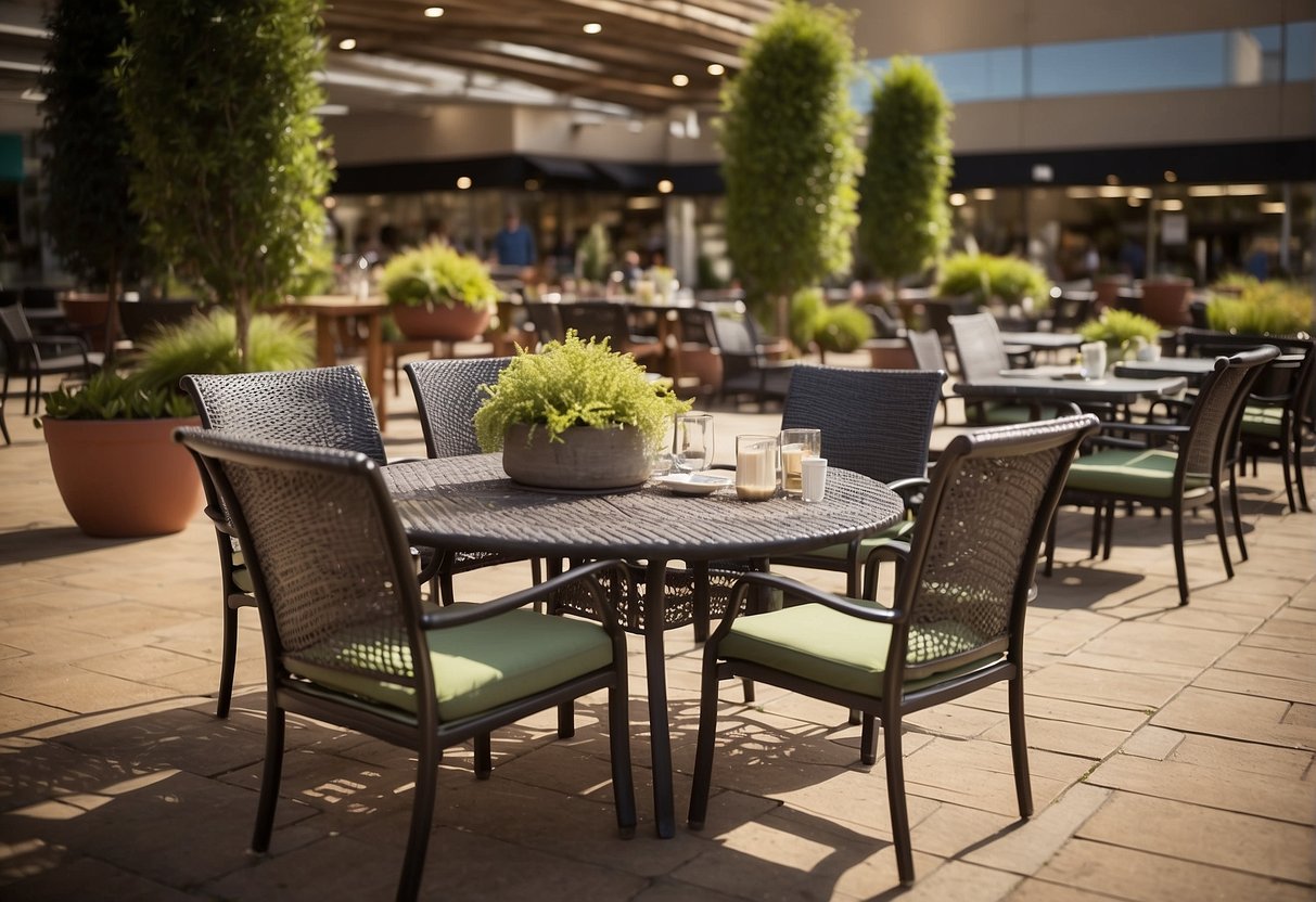 Outdoor furniture displayed with sale signs at a retailer. Shoppers browsing and employees restocking shelves