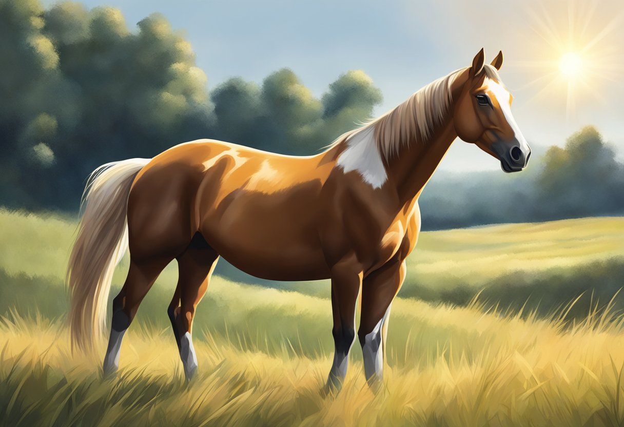 A young horse stands in a spacious, grassy field, with the sun shining overhead. Its muscles are sleek and its posture exudes a sense of strength and vitality