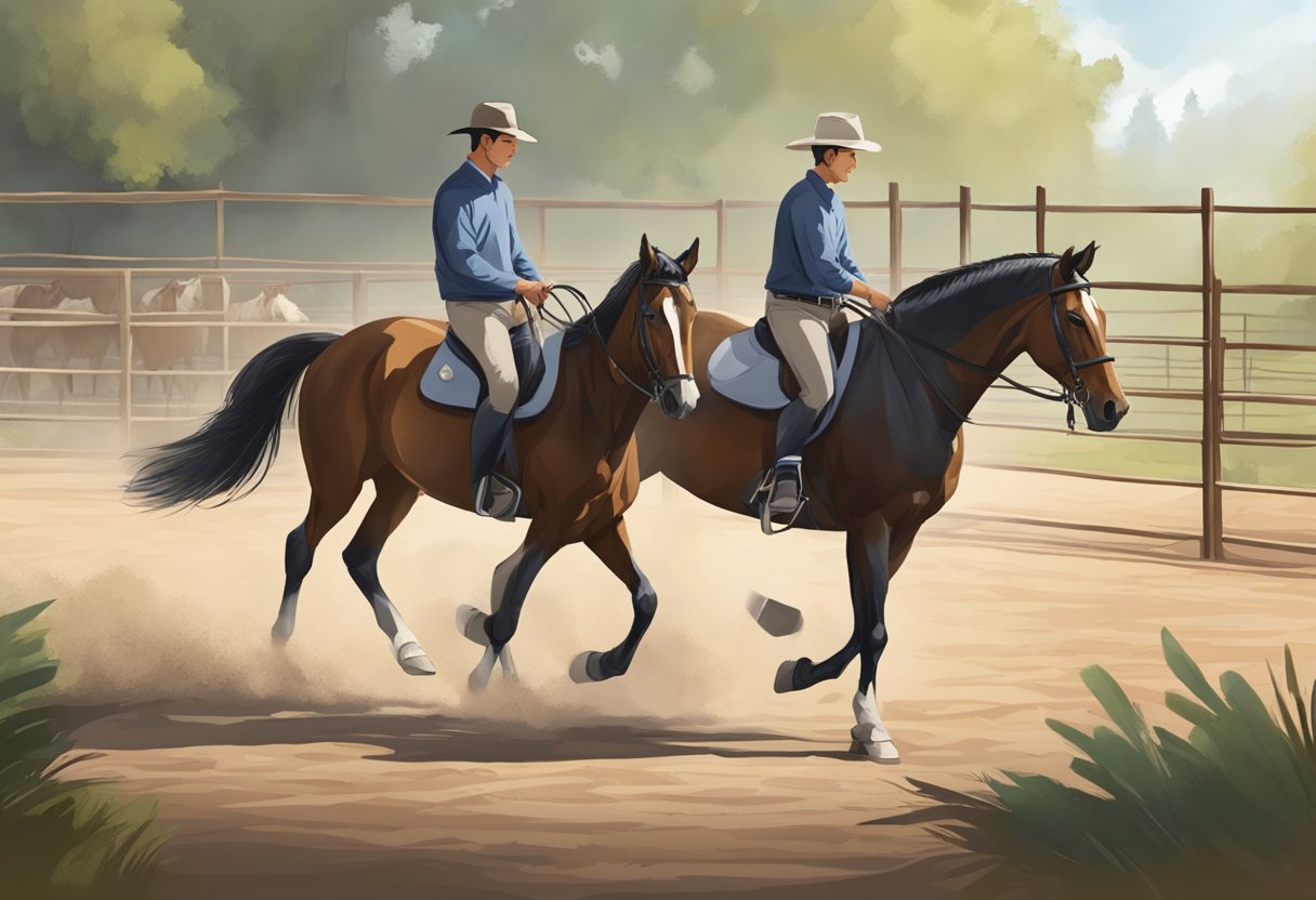 A young horse being led by a trainer in a round pen, displaying calm and attentive behavior, with the trainer using positive reinforcement and clear communication