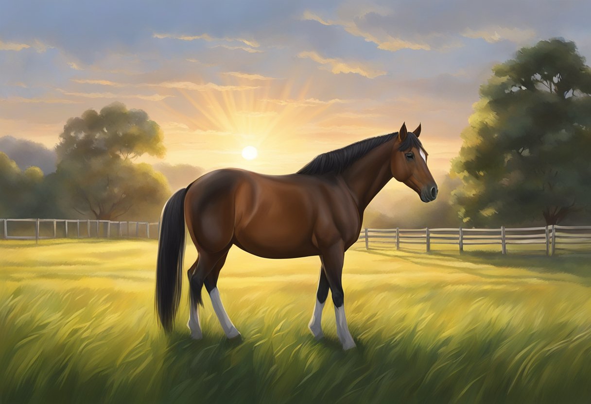 A young horse stands in a lush green pasture, ears perked forward, as a trainer approaches with a gentle demeanor. The sun casts a warm glow over the scene, indicating the potential for a new beginning in training