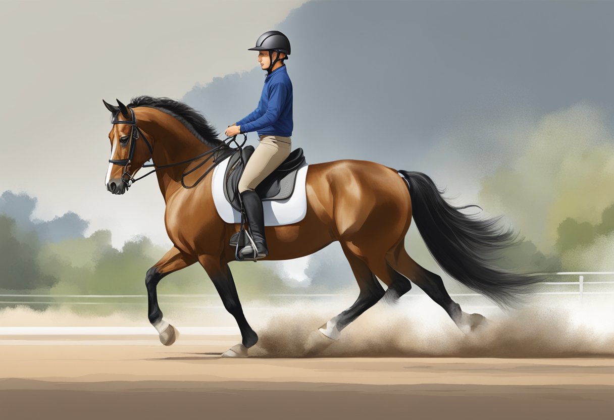 A young horse being led by a trainer through various training milestones, such as learning to lunge, respond to cues, and navigate obstacles in a controlled environment