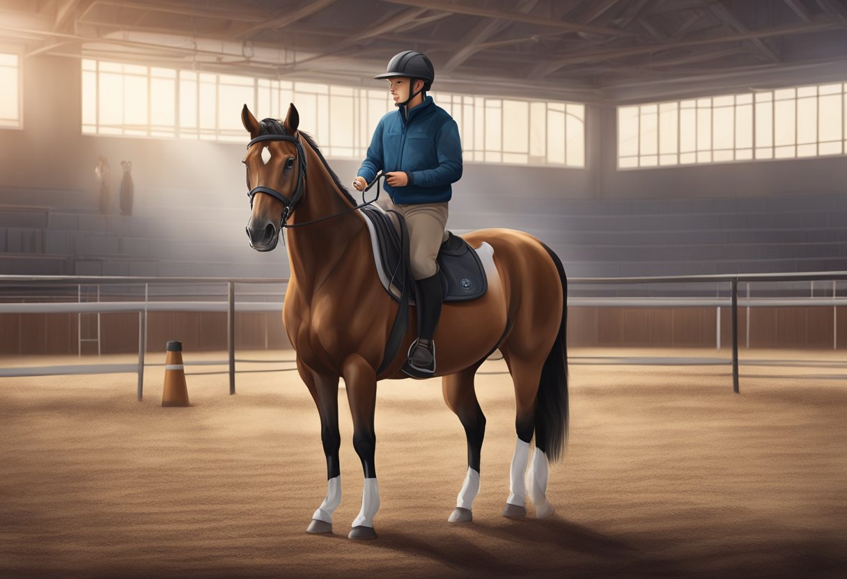 A young horse stands in a spacious, well-lit training arena, surrounded by safety equipment and a trainer's tools. The atmosphere is calm and focused, with a sense of readiness for learning and growth