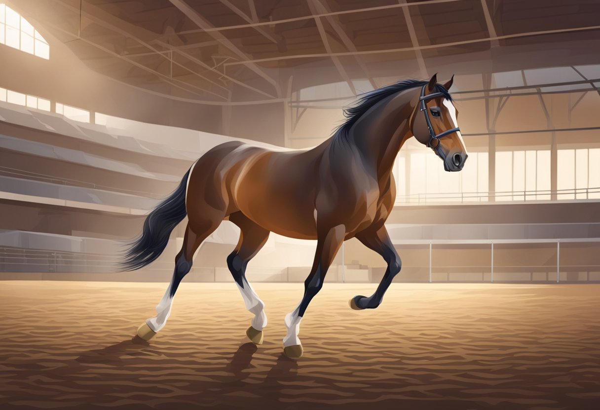 A young horse is being trained in a spacious, well-lit arena. The horse is moving gracefully, with focused eyes and a relaxed demeanor, as the trainer guides it through various exercises