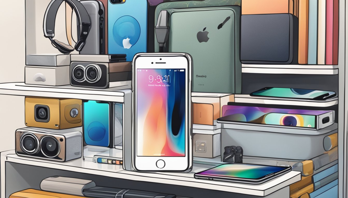 An iPhone surrounded by a variety of accessories, including cases, chargers, and headphones, displayed on a shelf in a tech store in Singapore