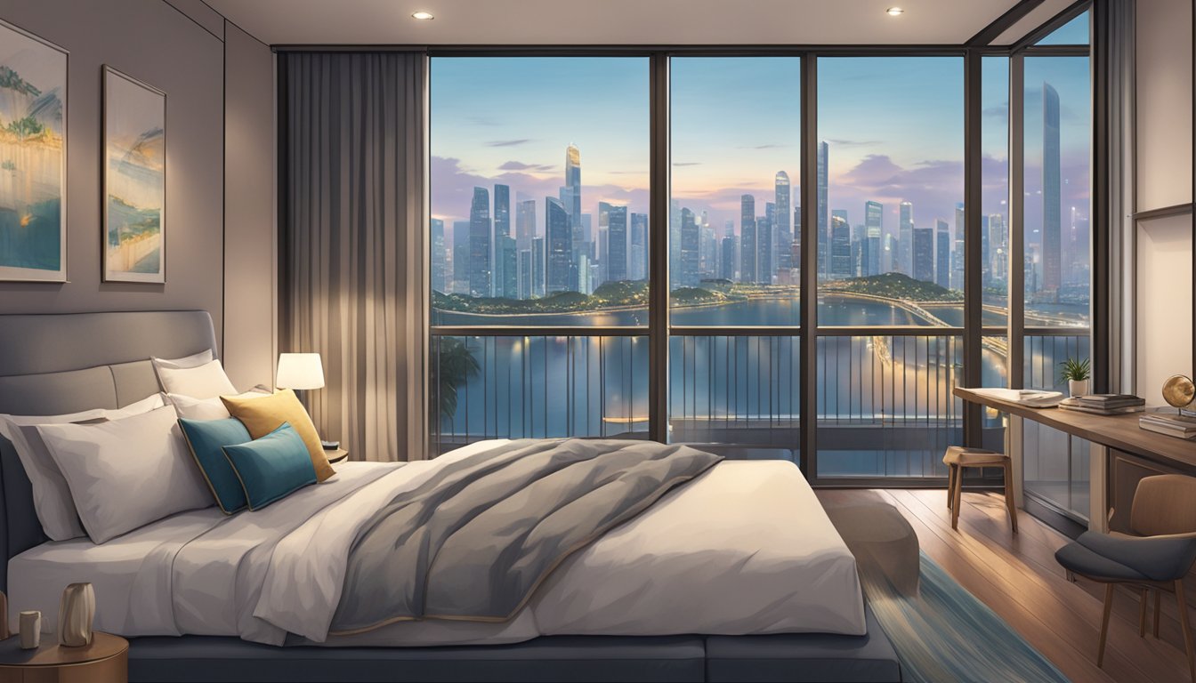 A cozy bedroom with a modern interior, featuring a comfortable bed adorned with a Jean Perry pillow, set against a backdrop of a bustling Singapore cityscape visible through the window