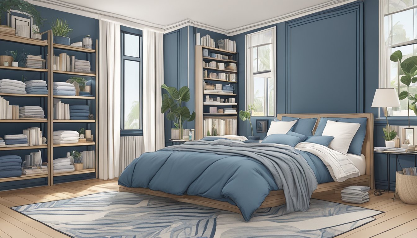 A cozy bedroom with a neatly made bed adorned with Jean Perry pillows, surrounded by shelves filled with various Jean Perry pillow designs, in a serene home in Singapore