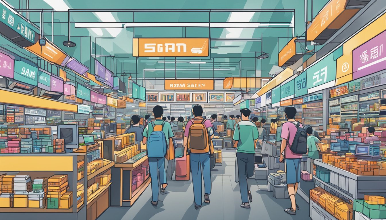 A bustling electronic market in Singapore, with rows of shops selling computer components. A sign reads "RAM for sale" in bold letters