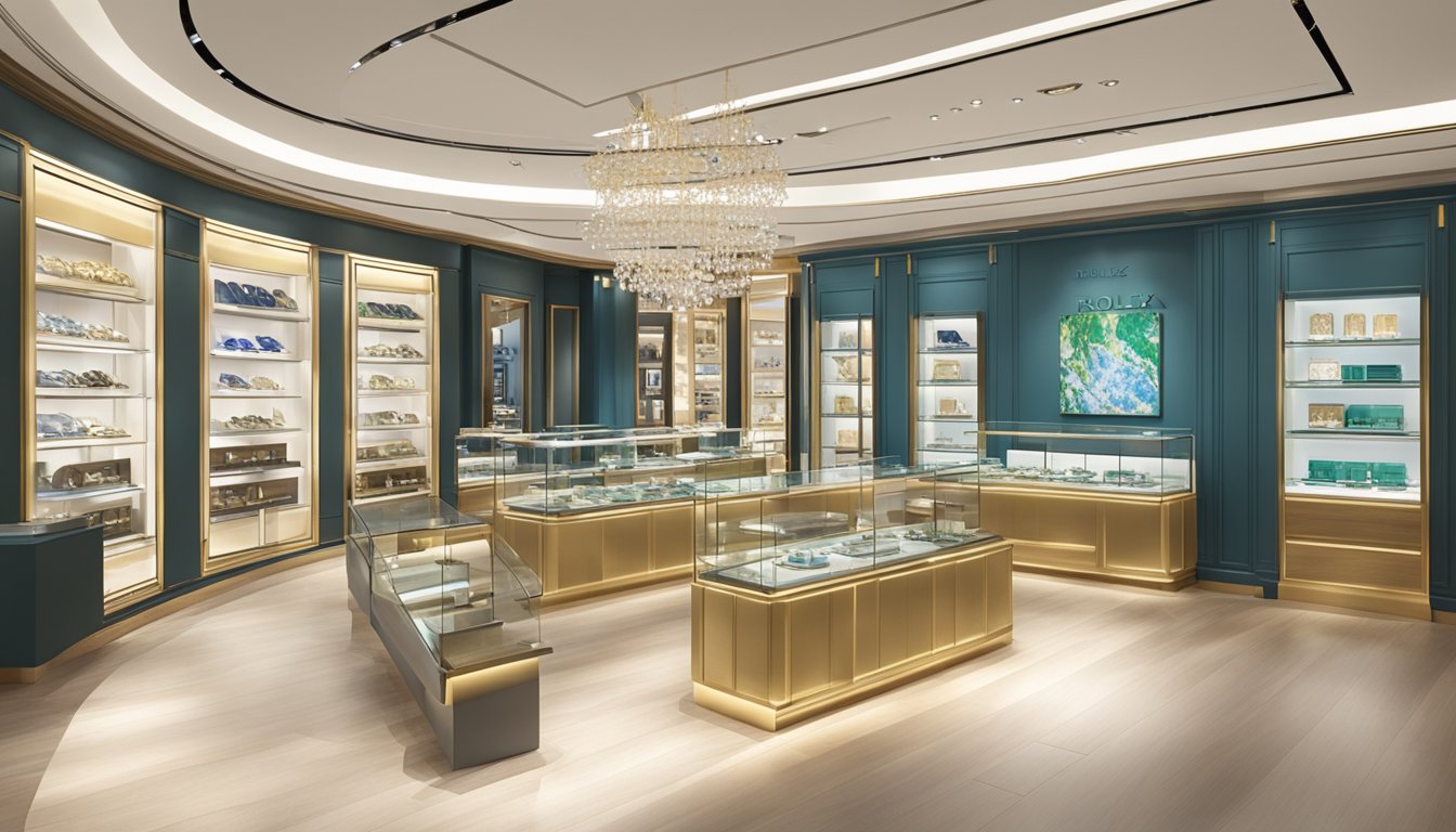 A luxurious watch store in Singapore sells Rolex watches. The store is elegantly designed with glass display cases and modern interior decor
