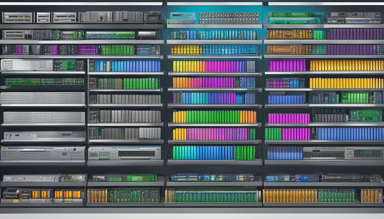 A computer store display showcases various RAM options with detailed specifications