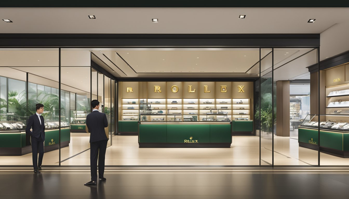 A luxurious display of Rolex watches in a sleek, modern boutique setting, with attentive staff assisting customers in Singapore