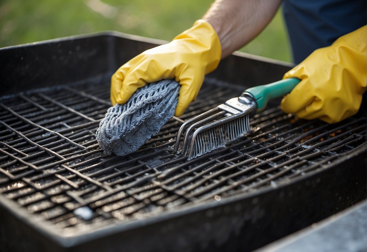 A hand holding a wire brush scrubbing the grill grates. Another hand wiping down the exterior with a damp cloth. A bucket of soapy water and a hose nearby