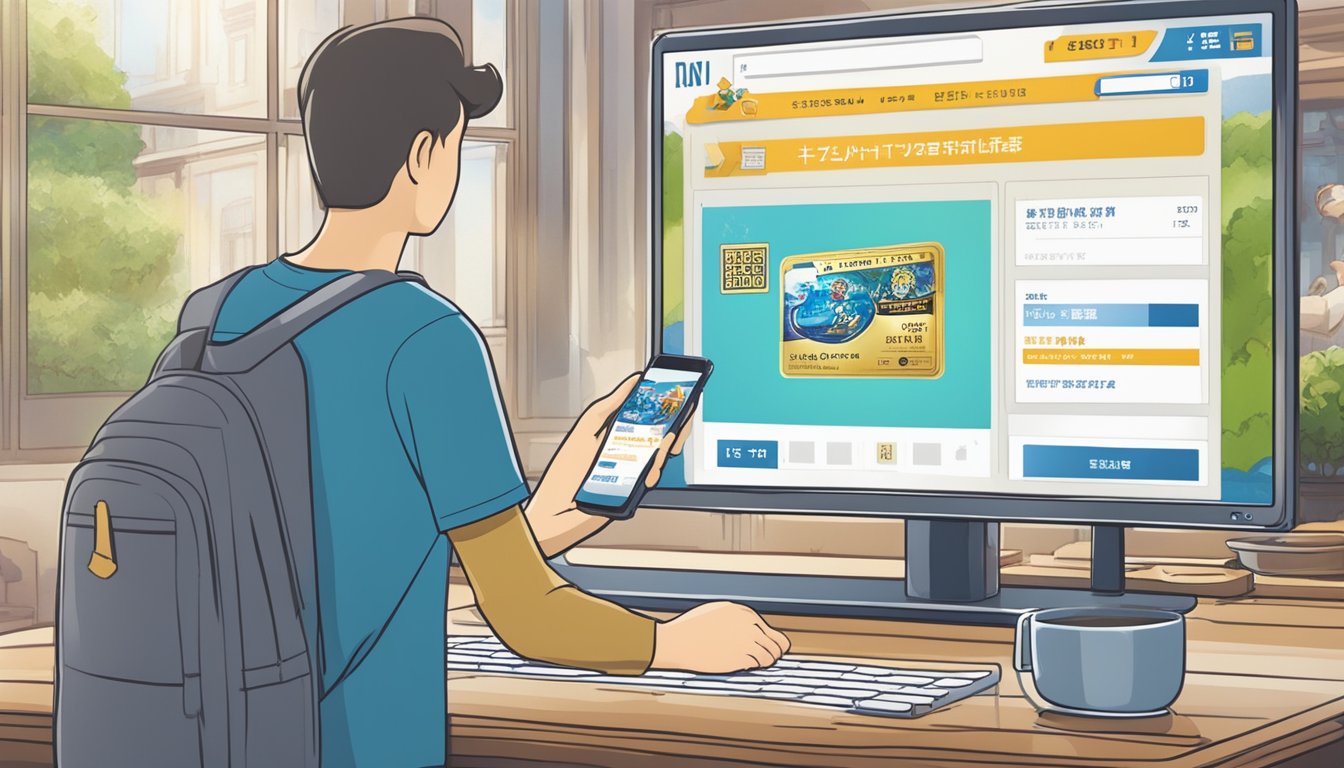 Guests purchase Universal Studios Japan tickets online. A computer or smartphone screen displays the ticket options and a "buy now" button