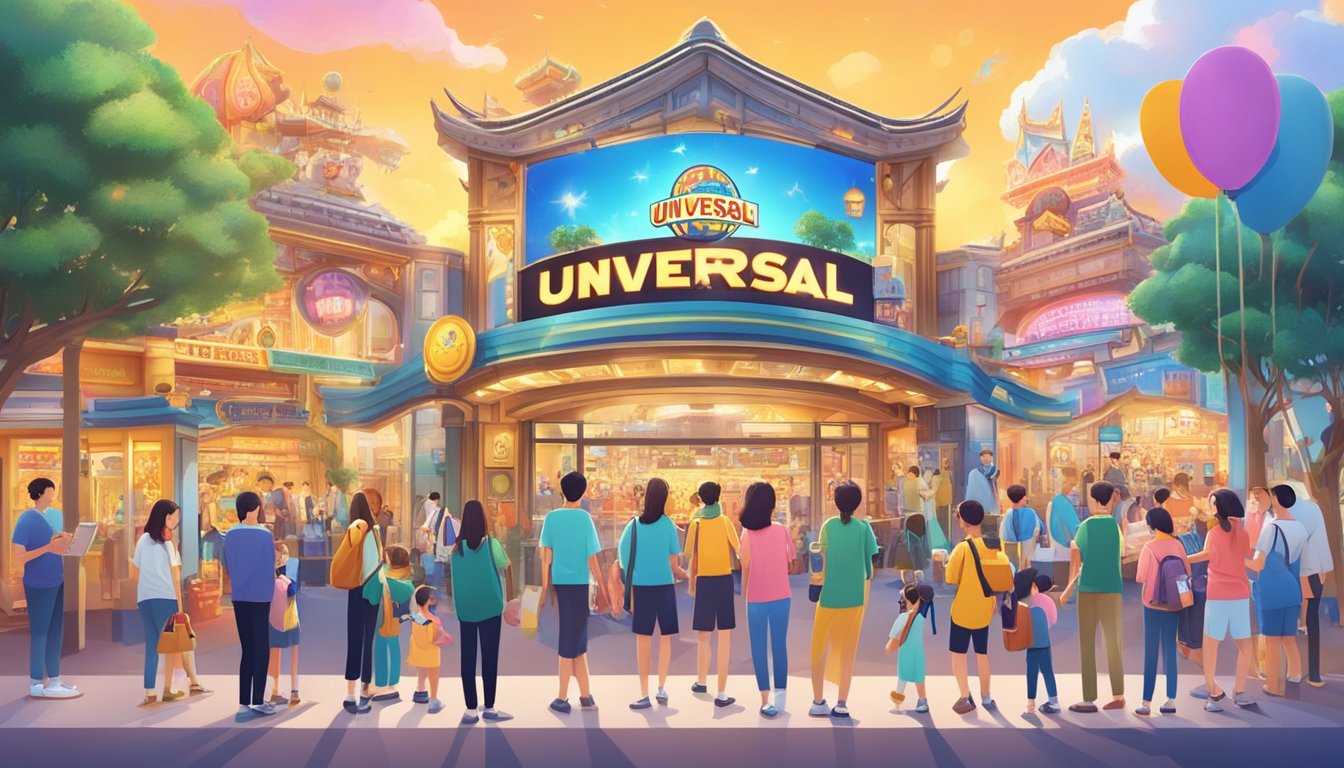 Guests purchase Universal Studios Japan tickets online, surrounded by colorful signs and happy families. A computer or smartphone is in use