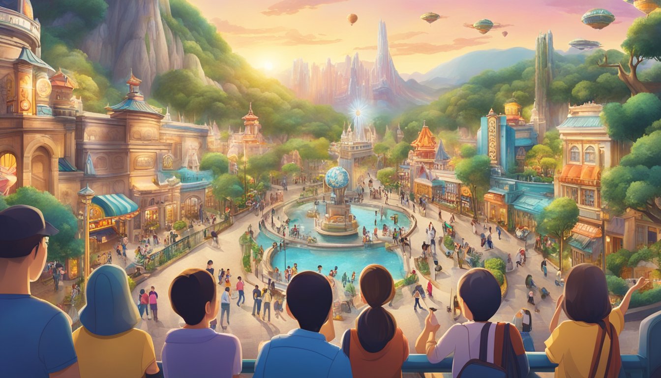 Guests purchasing Universal Studios Japan tickets online, surrounded by vibrant park imagery and a seamless, user-friendly interface