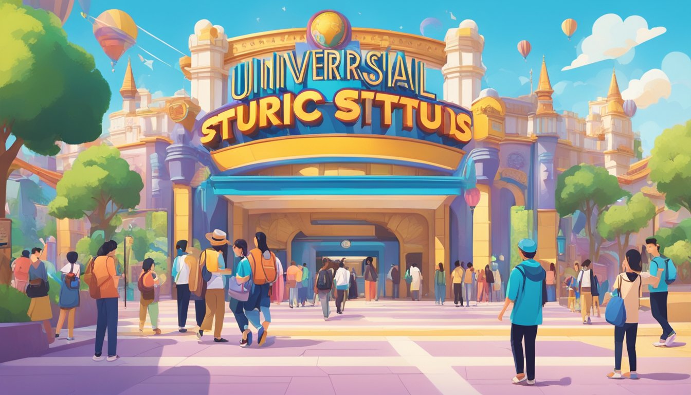 Guests purchasing Universal Studios Japan tickets online. FAQ section displayed on website. Vibrant colors and clear text. Logo visible