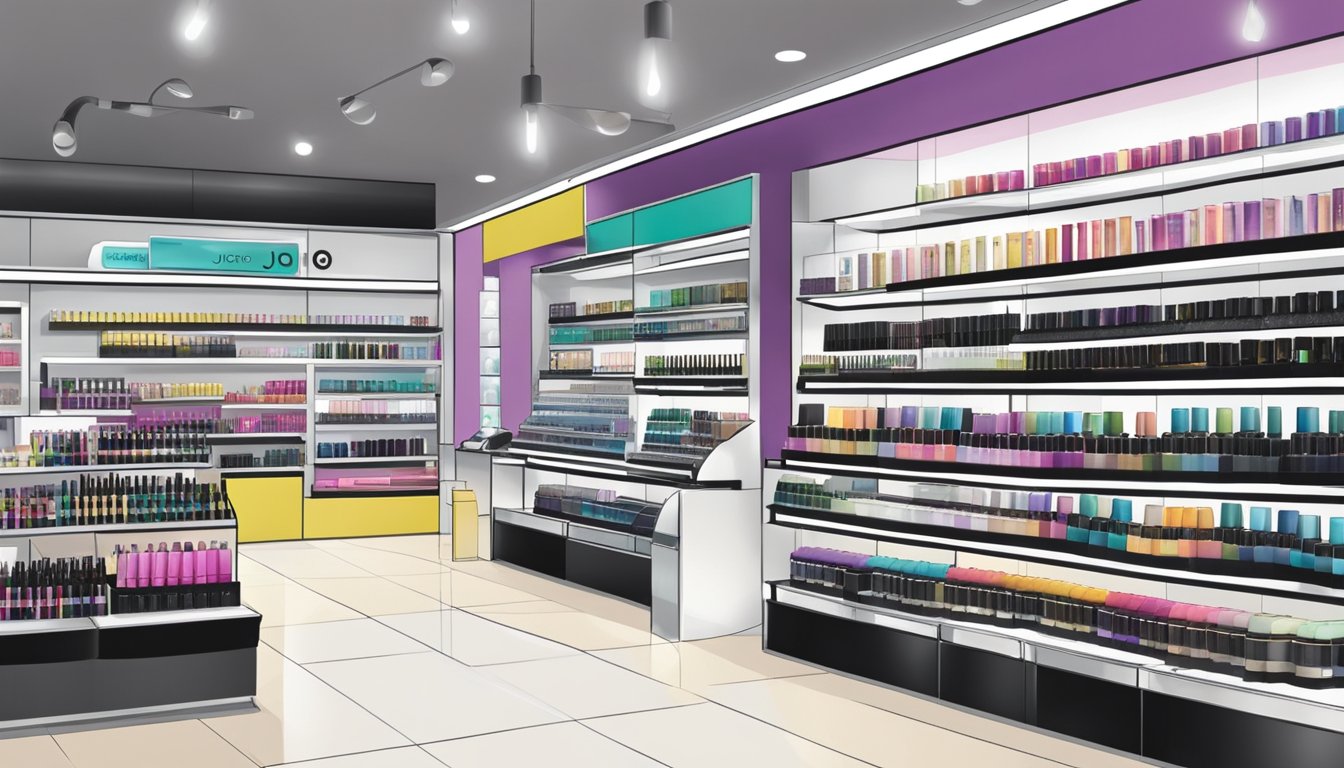 A brightly lit cosmetics store in Singapore displays shelves stocked with Joico hair care products