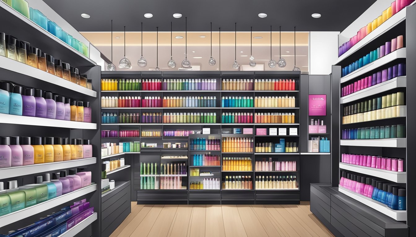 A colorful display of Joico hair products on shelves in a modern Singaporean beauty store