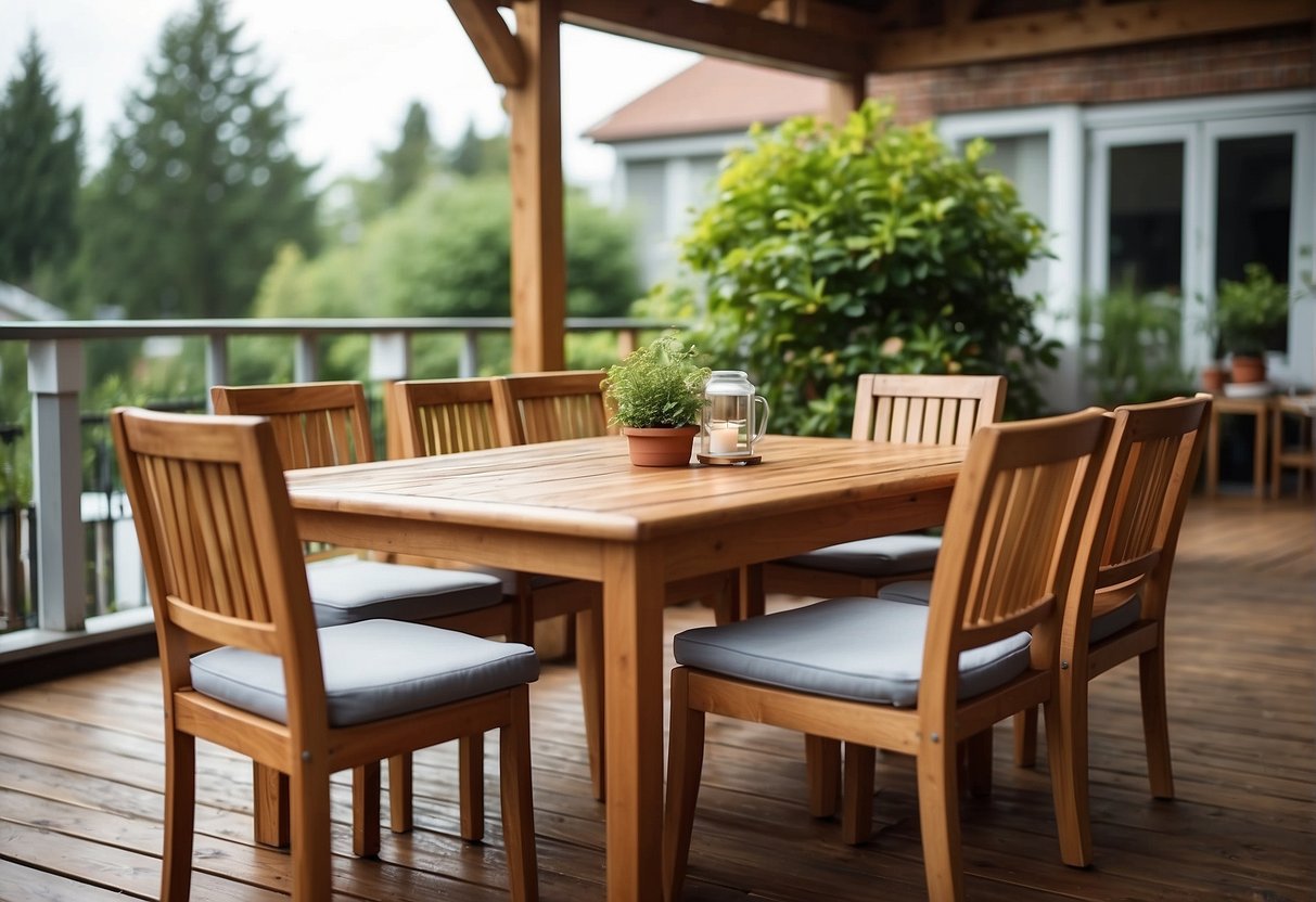 A sturdy, weather-resistant wood table and chairs stand strong on a patio, enduring the elements with ease