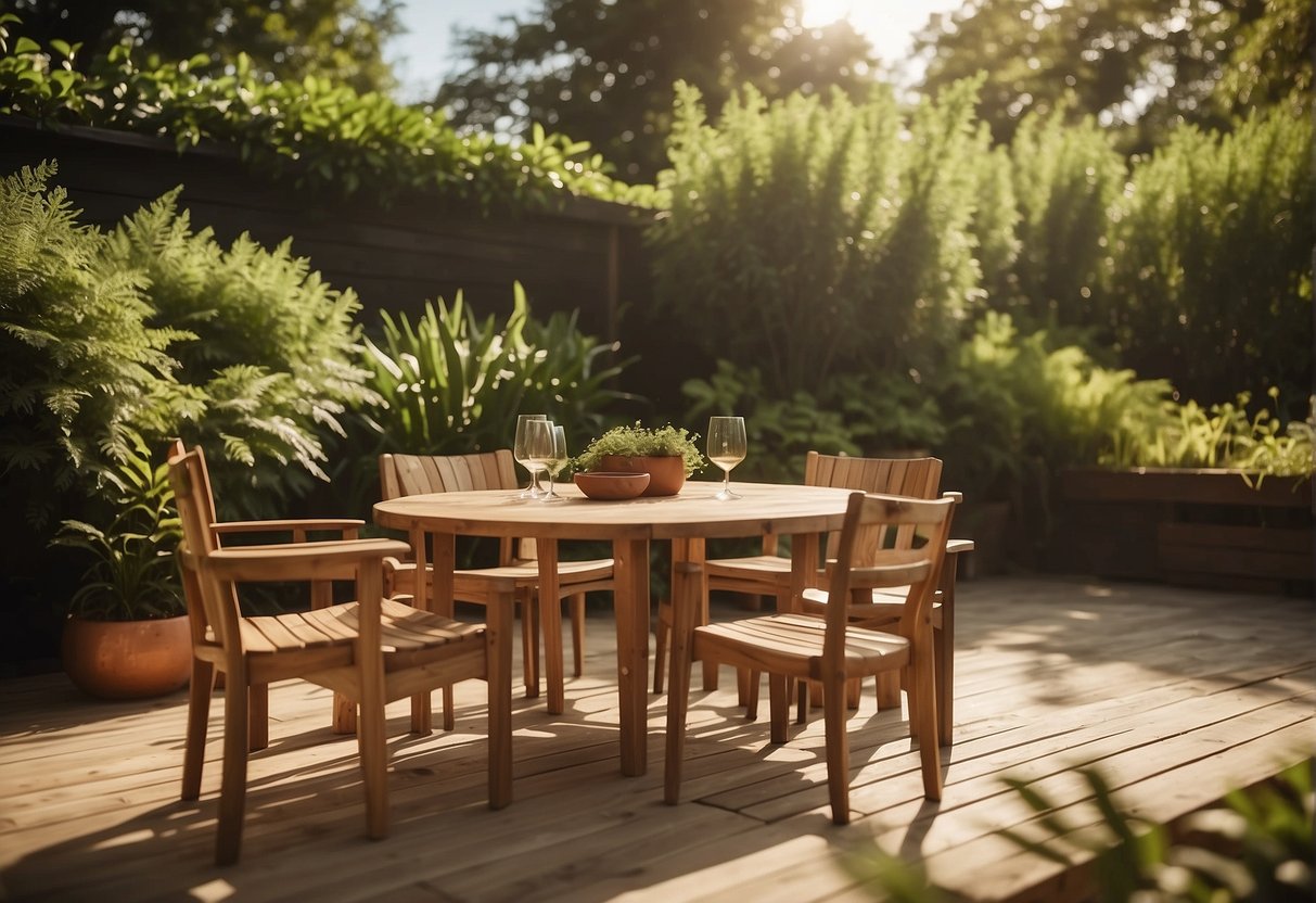 A wooden outdoor table and chairs are coated with protective sealant, surrounded by lush greenery and bathed in warm sunlight