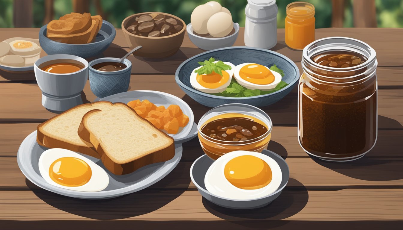 A jar of kaya jam on a rustic wooden table, surrounded by traditional Singaporean breakfast items like toast and soft-boiled eggs